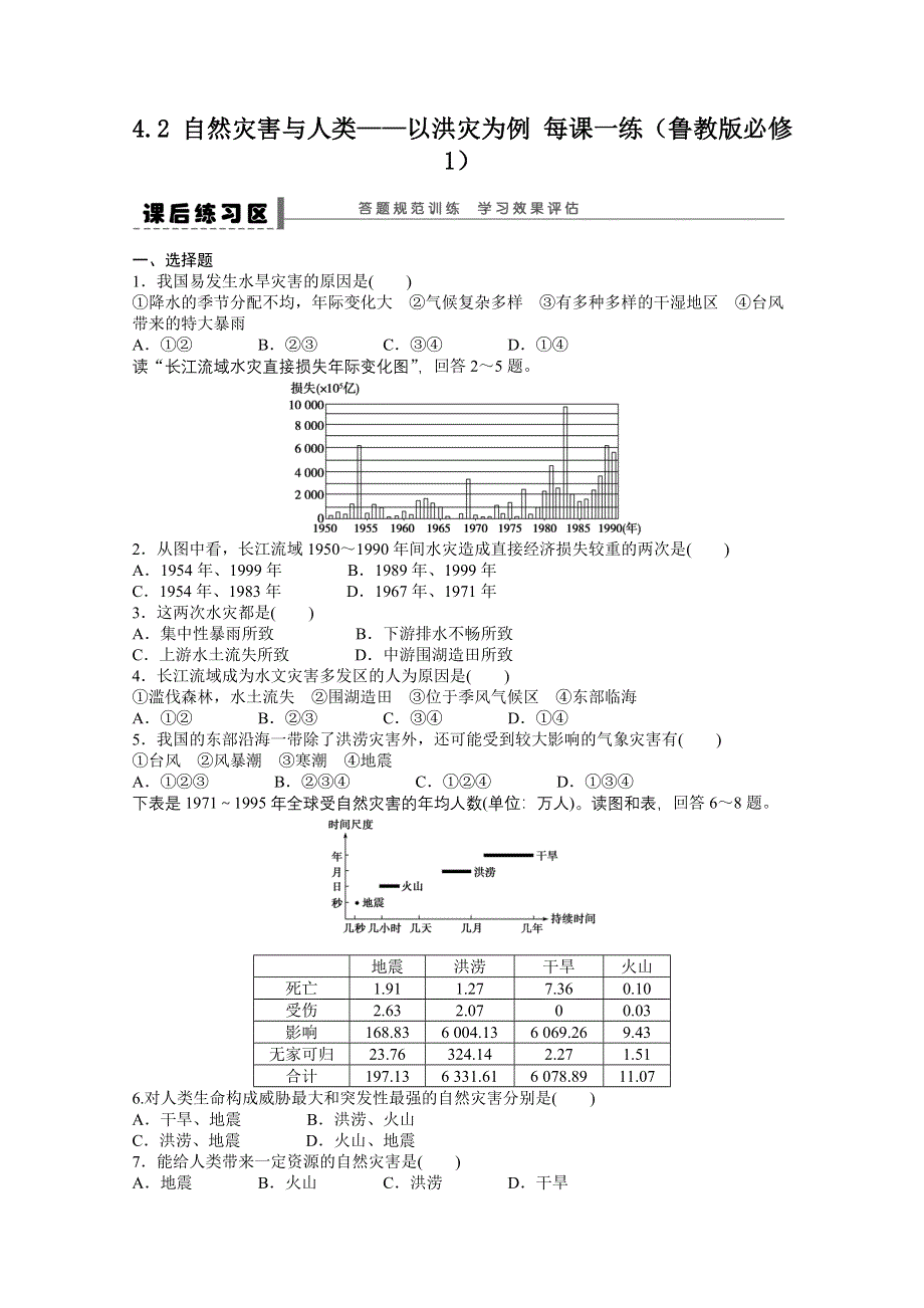 2012高一地理鲁教版必修一课后练习 4.2 自然灾害与人类——以洪灾为例.doc_第1页