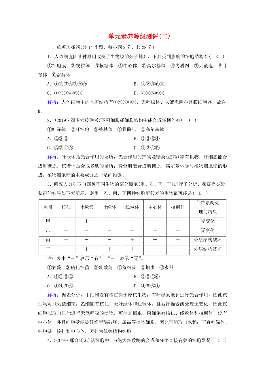 2020-2021学年新教材高中生物 单元素养等级测评2（含解析）新人教版必修1.doc_第1页