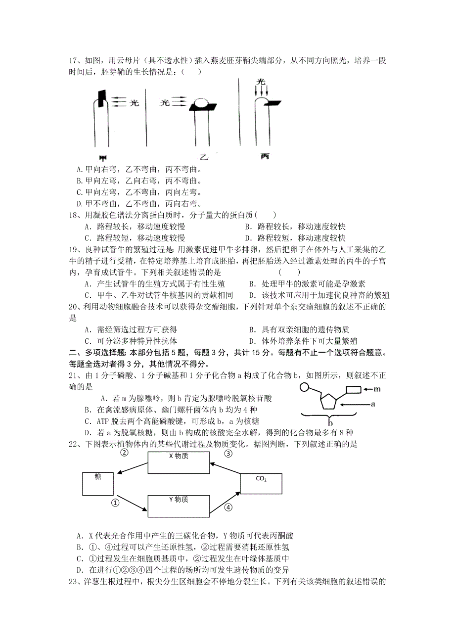 江苏省东台市安丰中学2013届高三上学期期中考试生物试题.doc_第3页