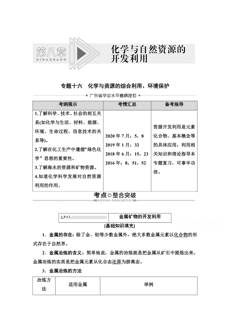 2021广东省高三化学学业水平合格考试总复习教师用书：第8章 专题16　化学与资源的综合利用、环境保护 WORD版含解析.doc_第1页