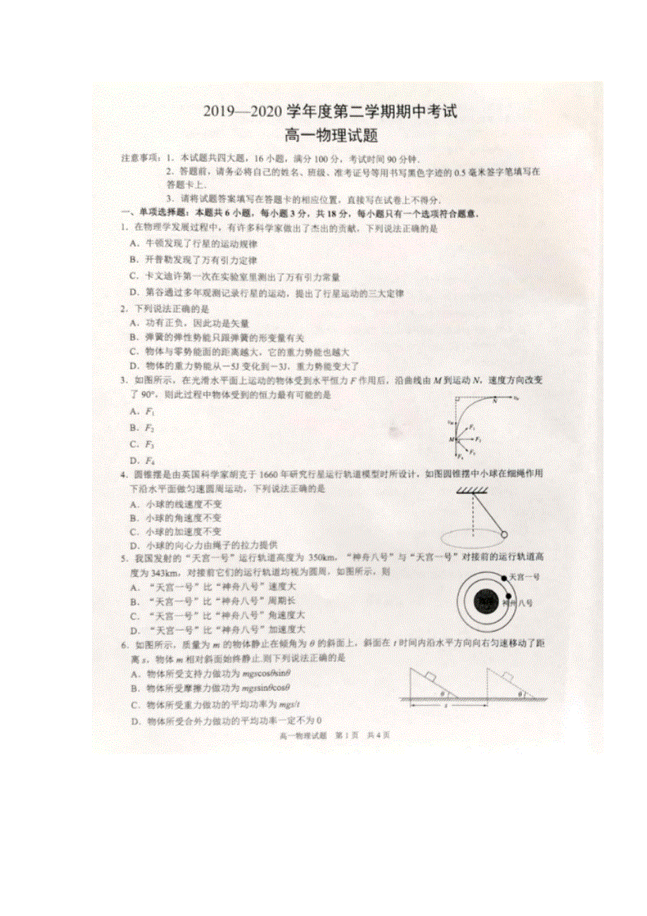 江苏省东海县2019-2020学年高一下学期期中考试物理试题 扫描版含答案.doc_第1页