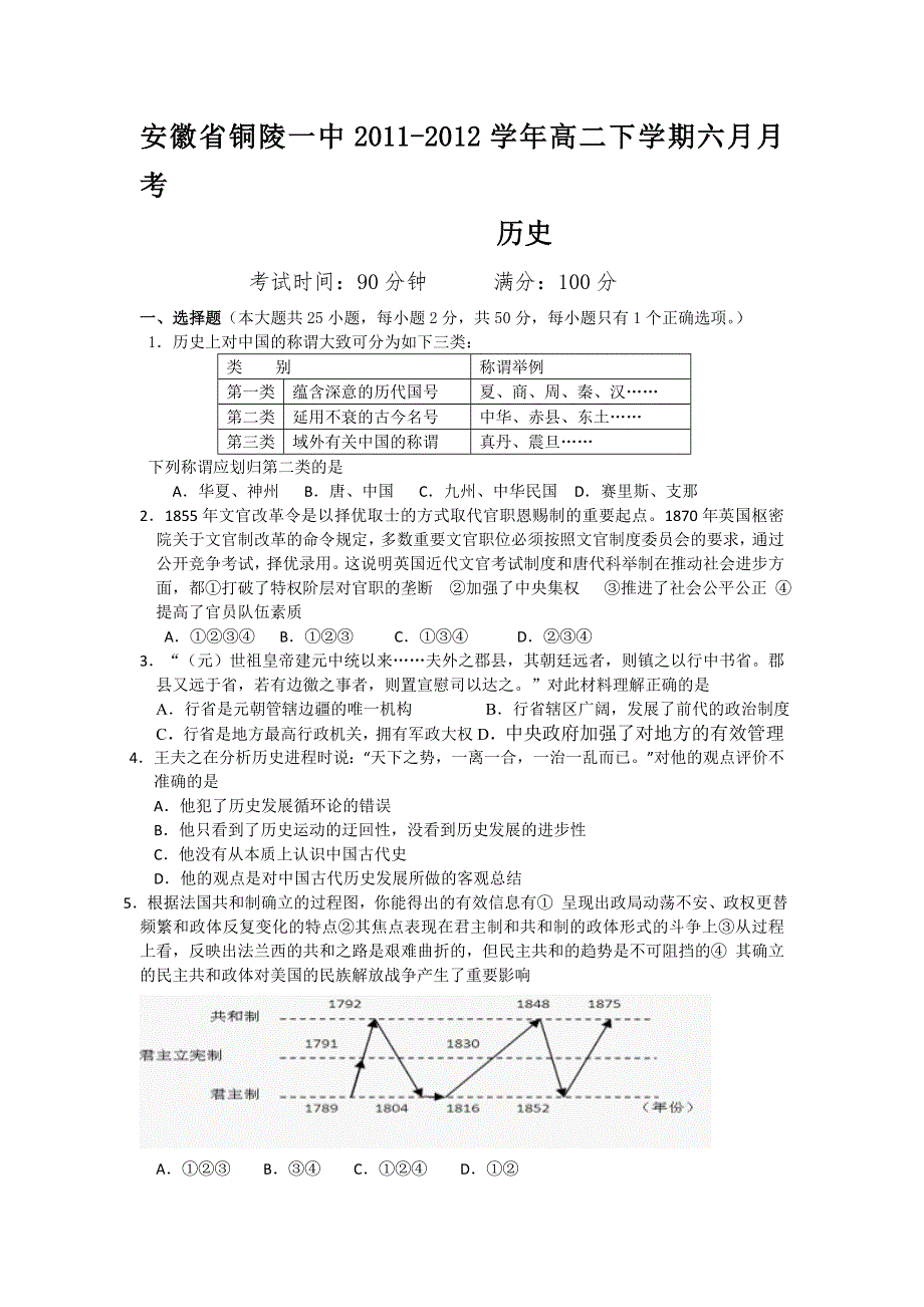 安徽省铜陵一中2011-2012学年高二下学期六月月考（历史）.doc_第1页