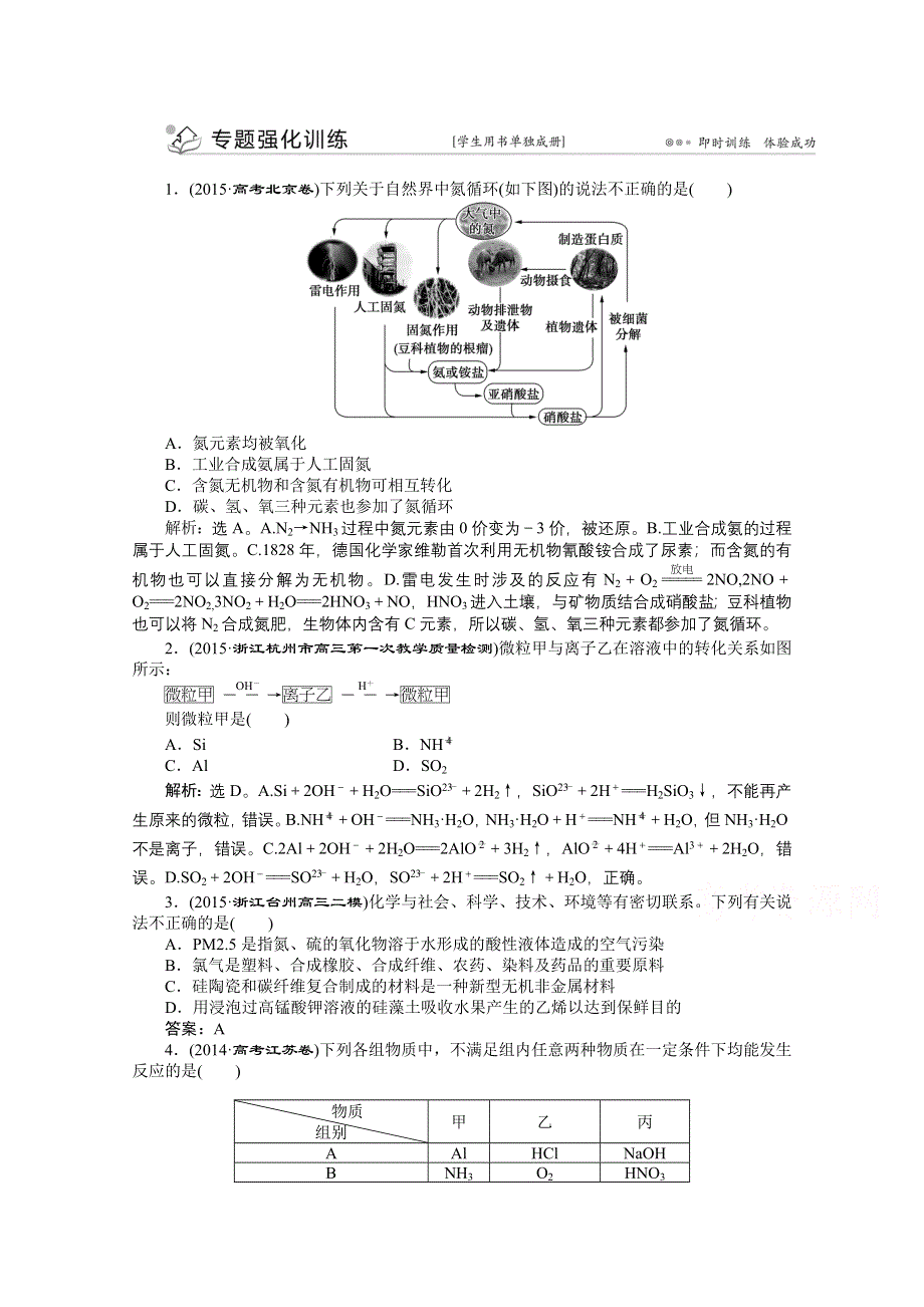 2016版优化方案高考化学（浙江专用）二轮复习 上篇 专题三 元素及其化合物 第十讲专题强化训练.doc_第1页