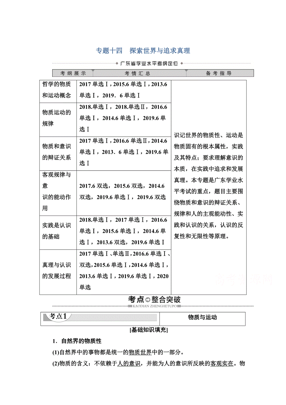 2021广东省高三政治学业水平合格考试总复习教师用书：第4部分 专题14 探索世界与追求真理 WORD版含解析.doc_第1页