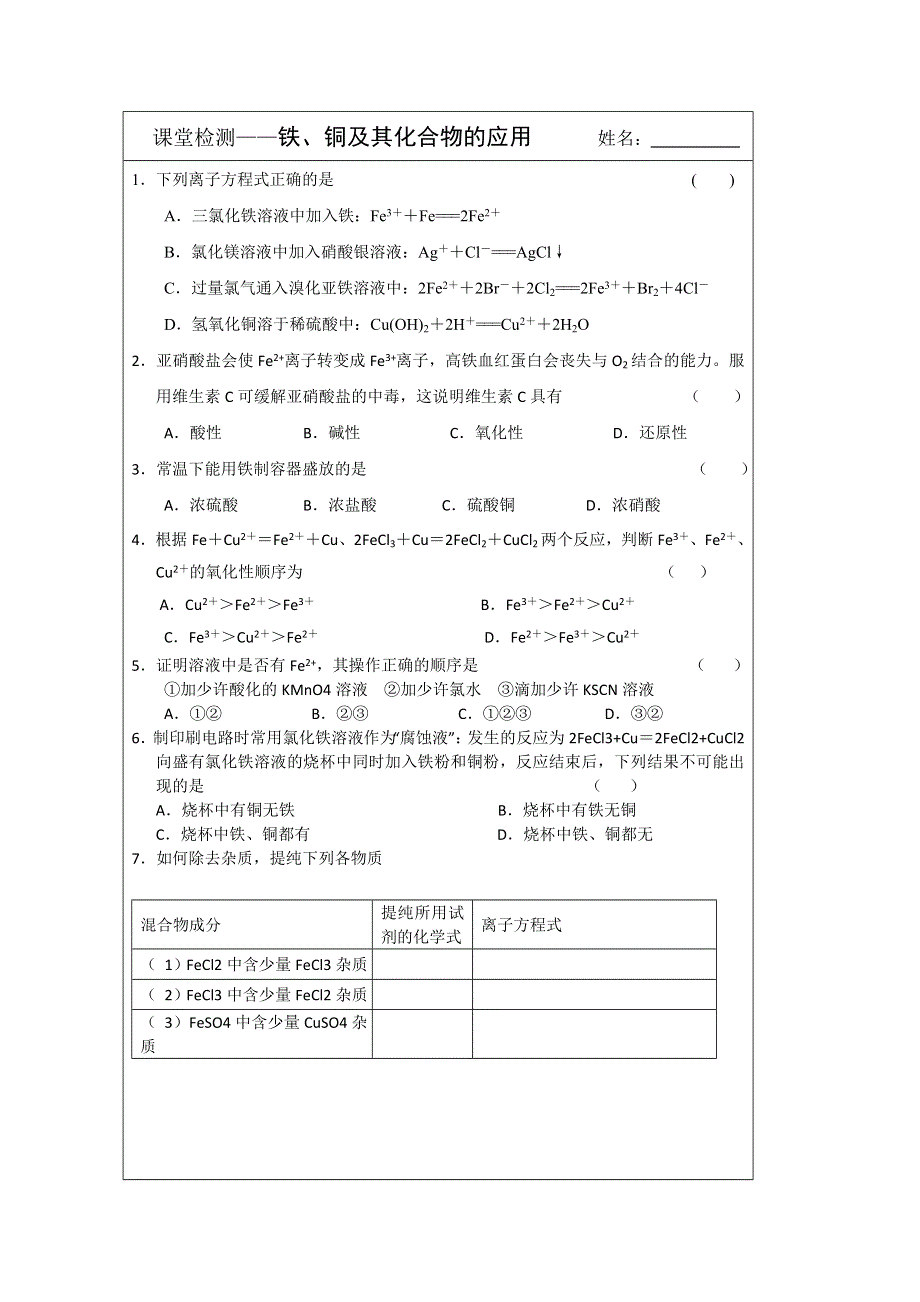 《原创》江苏省2013—2014学年高一化学（苏教版）必修一专题三同步导学案： 2.2铁、铜及其化合物的应用.doc_第3页