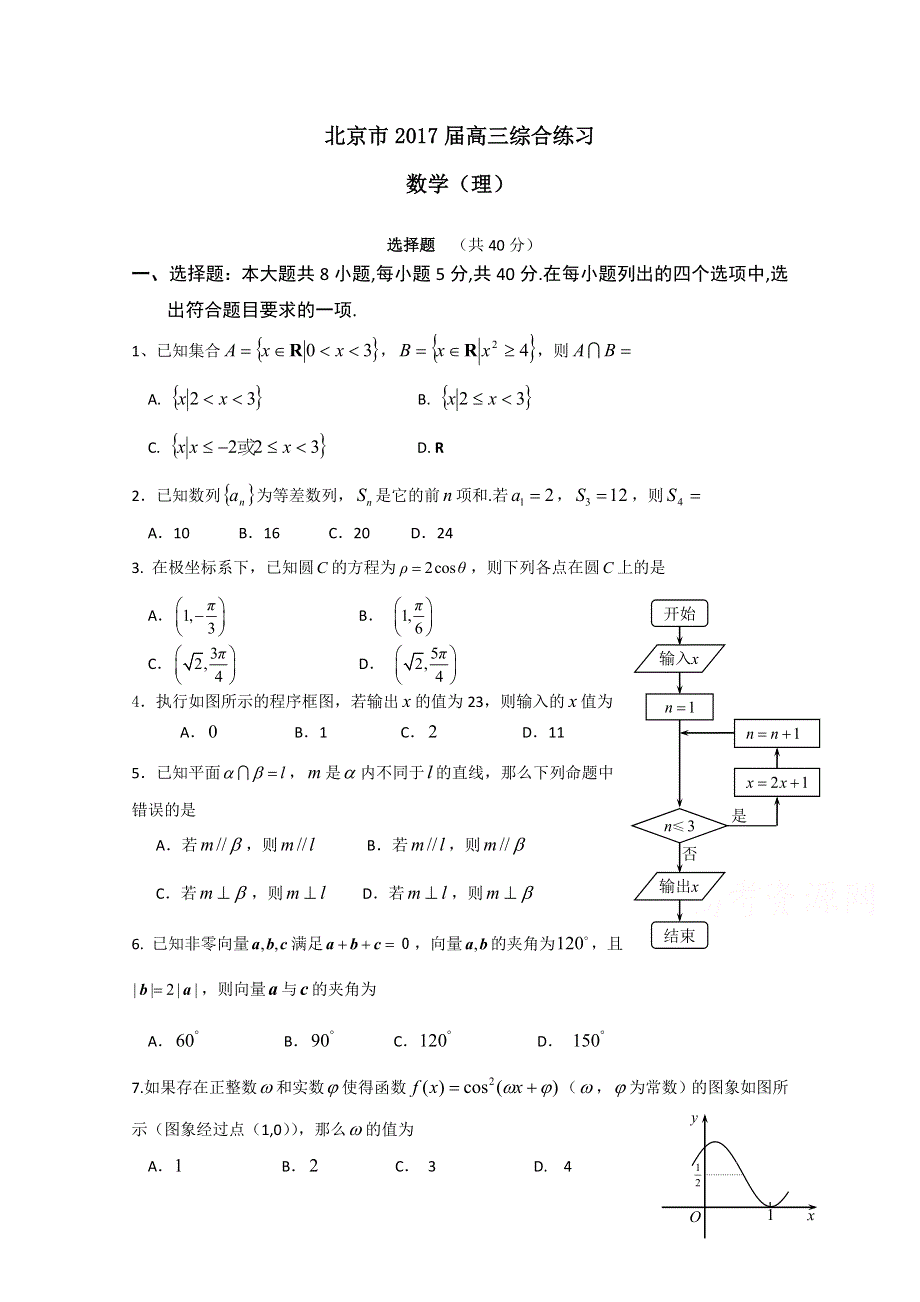 北京市2017届高三数学（理）综合练习54 WORD版含答案.doc_第1页