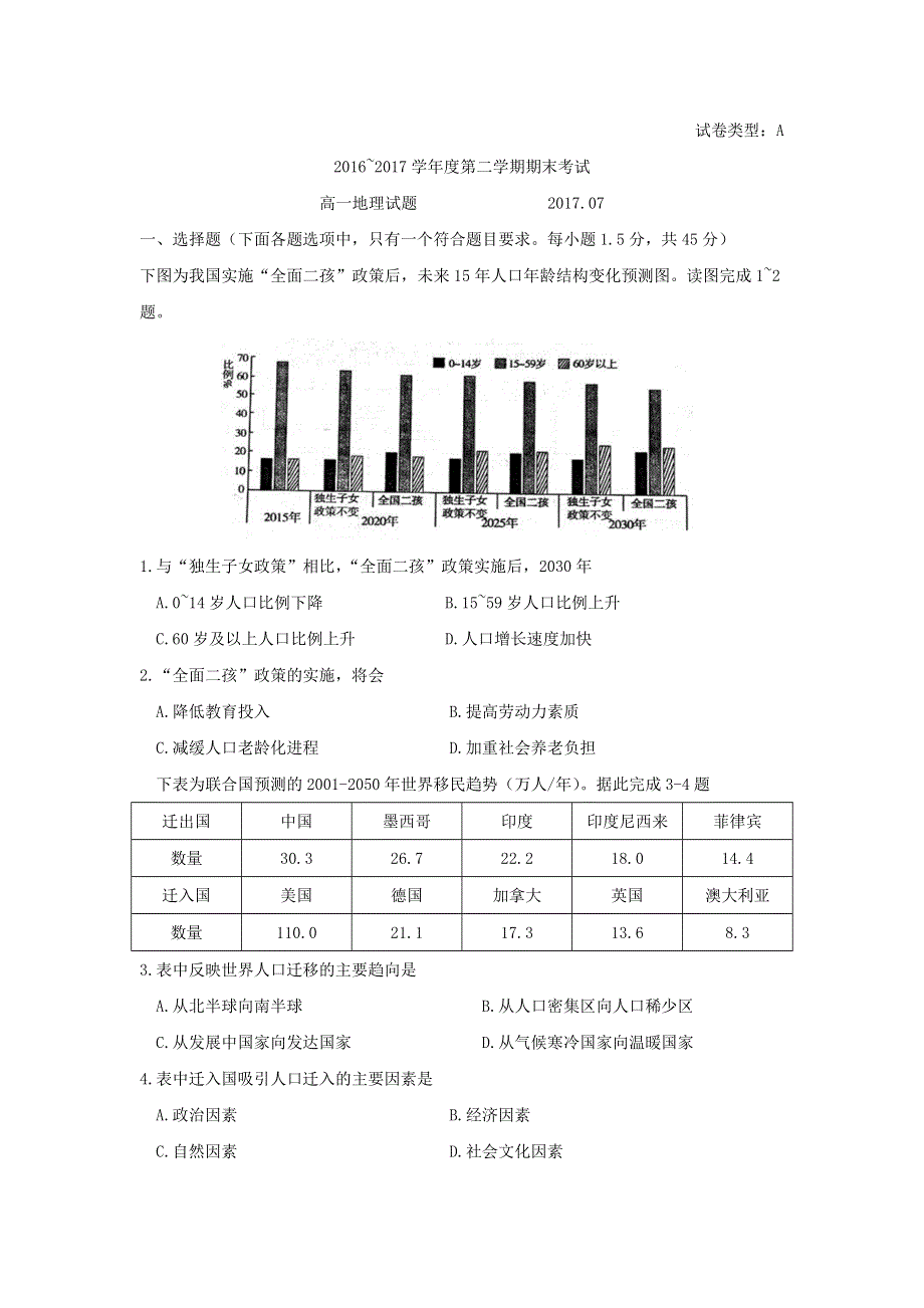 山东省济宁市2016-2017学年高一下学期期末考试地理试题 WORD版含答案.doc_第1页