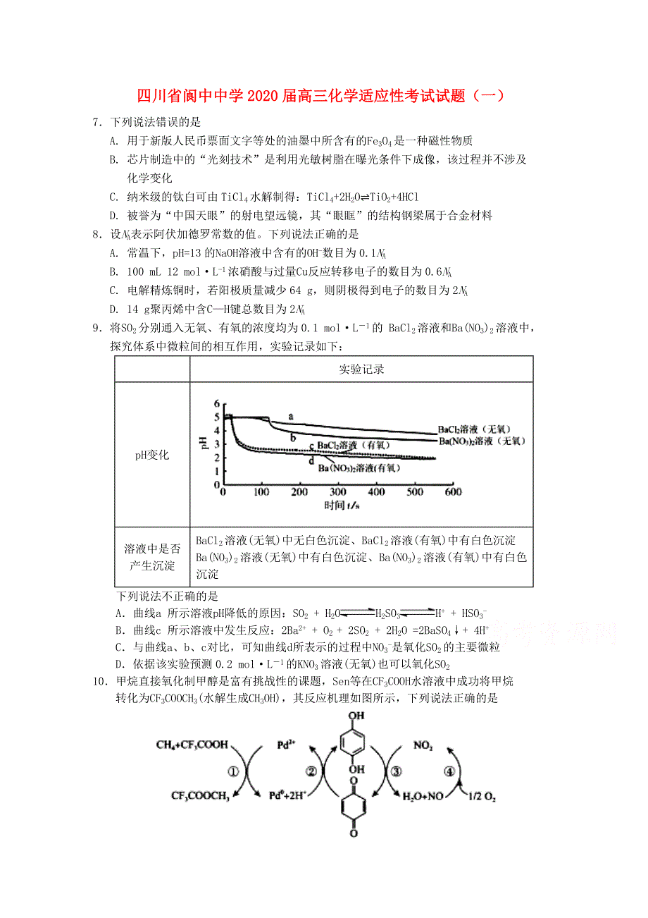 四川省阆中中学2020届高三化学适应性考试试题（一）.doc_第1页