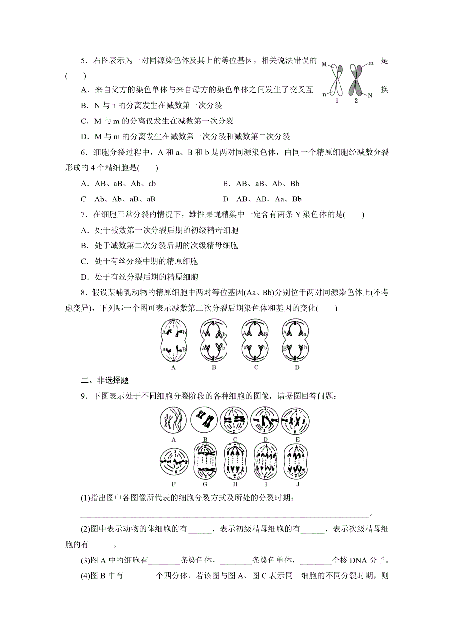 2016年《三维设计》人教版必修2 课时跟踪检测(三) 减数分裂与精子的形成过程.doc_第2页