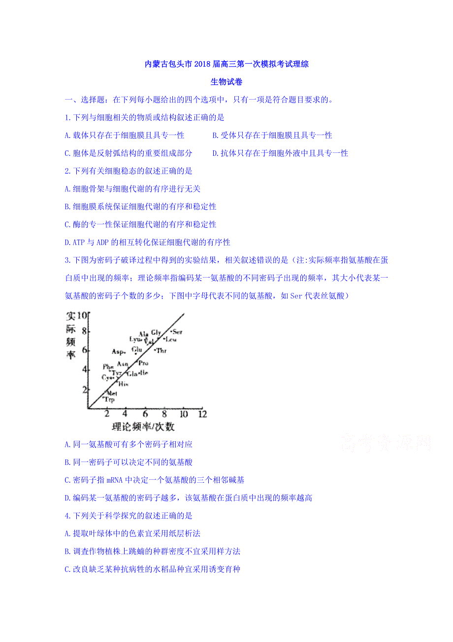 内蒙古包头市2018届高三第一次模拟考试理综生物试卷 WORD版含答案.doc_第1页