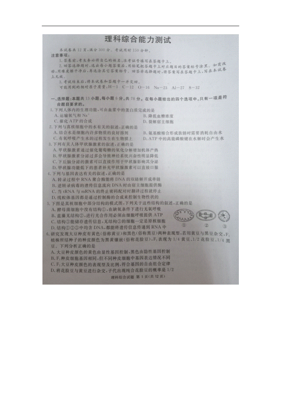 四川省邻水实验学校2020届高三第一次诊断性考试理综试卷 扫描版含答案.doc_第1页