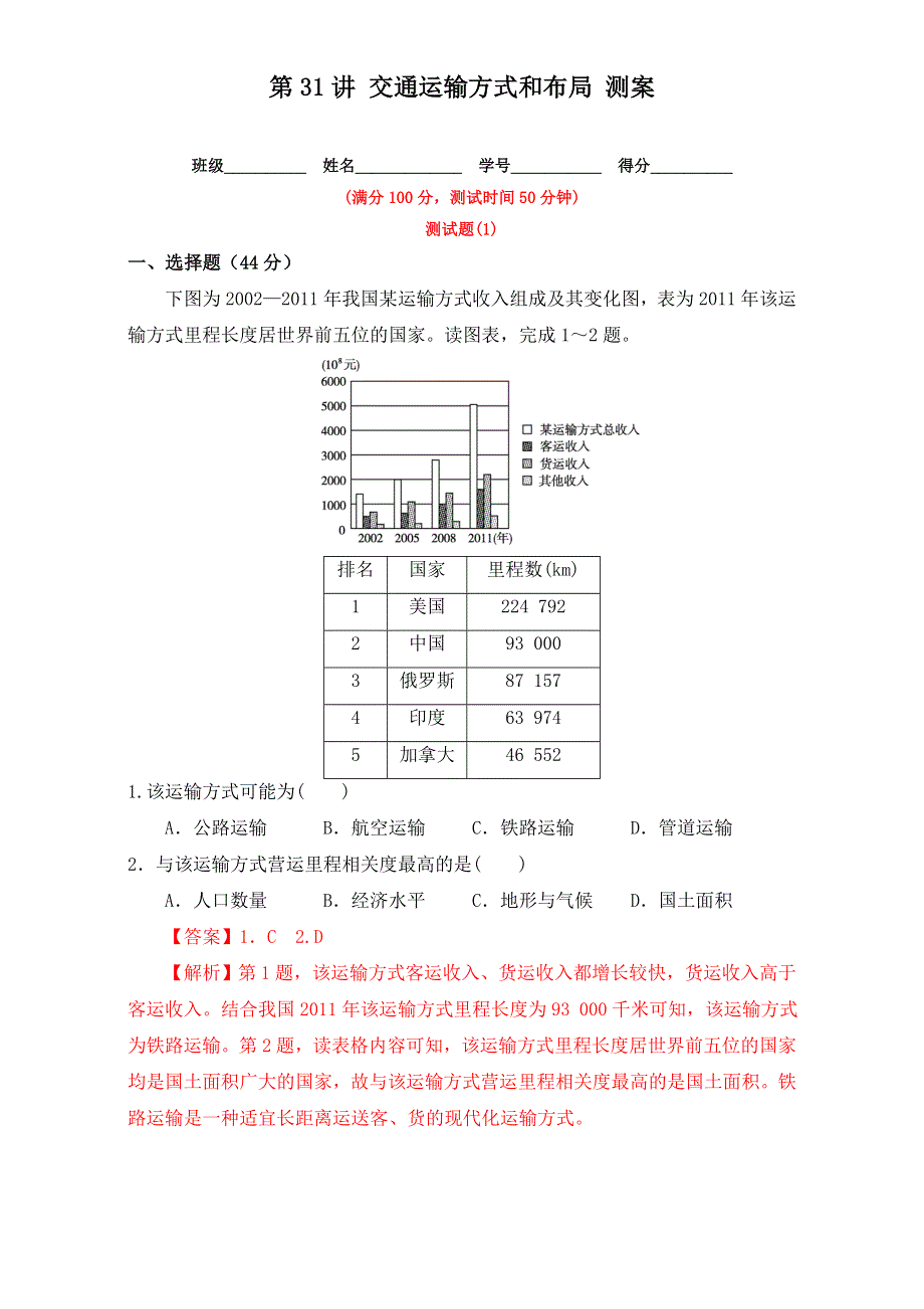 北京市2017年高考地理一轮复习资料 第31讲 交通运输方式和布局 测案 WORD版含解析.doc_第1页