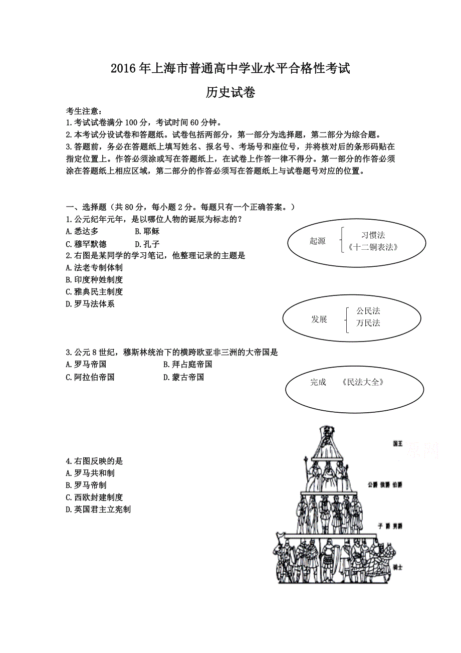 2016年上海市普通高中学业水平合格性考试历史试卷 WORD版含答案.doc_第1页