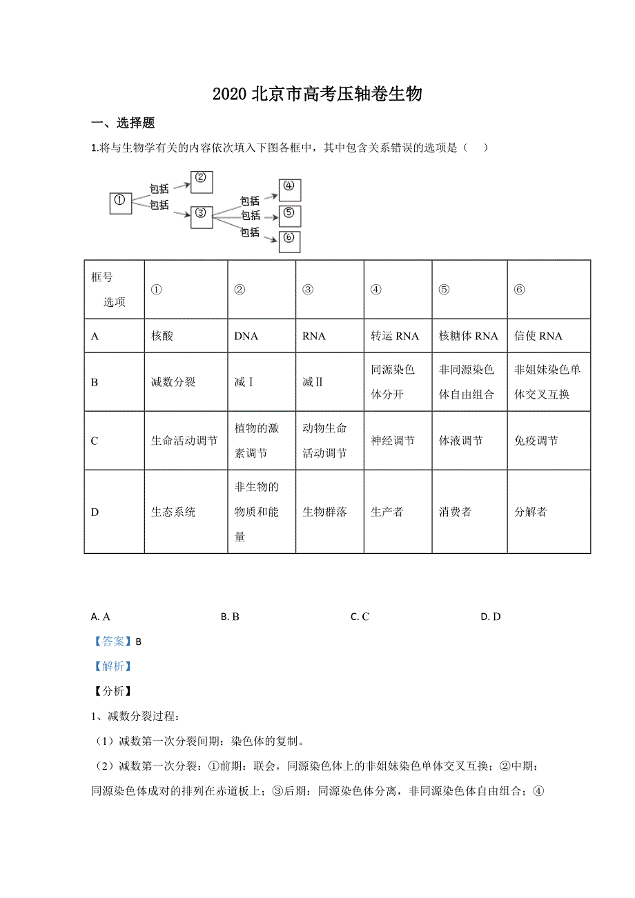 北京市2020届高三高考压轴卷生物试题 WORD版含解析.doc_第1页