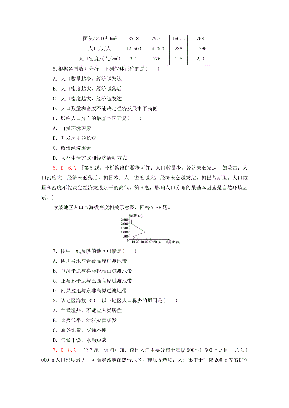 2020-2021学年新教材高中地理 第1章 人口与地理环境 第1节 人口分布课时分层作业（含解析）湘教版必修第二册.doc_第2页