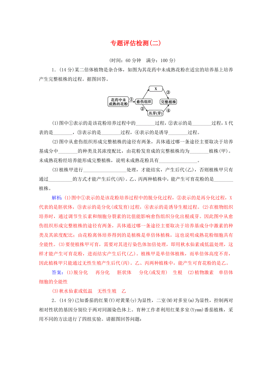 2020高中生物 专题2 细胞工程 专题评估检测（二）（含解析）新人教版选修3.doc_第1页