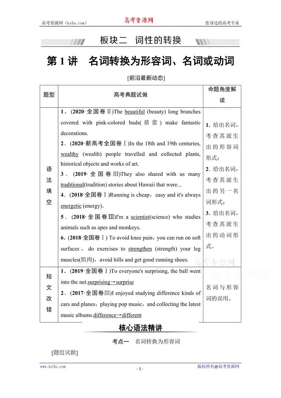 2022届高考统考英语外研版一轮复习教师用书：板块2 第1讲　名词转换为形容词、名词或动词 WORD版含解析.doc_第1页