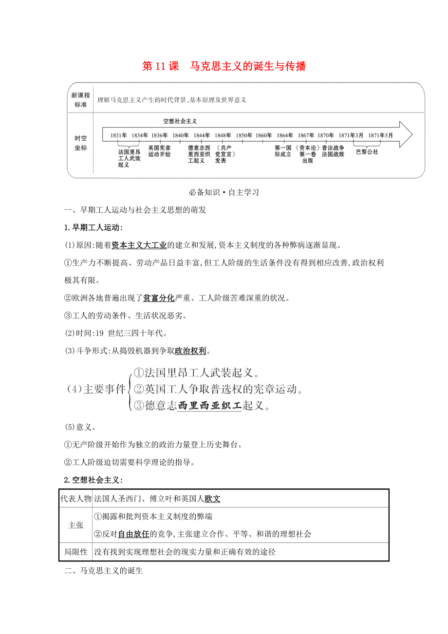 2020-2021学年新教材高中历史 第五单元 工业革命与马克思主义的诞生 第11课 马克思主义的诞生与传播练习（含解析）新人教版必修《中外历史纲要（下）》.doc_第1页