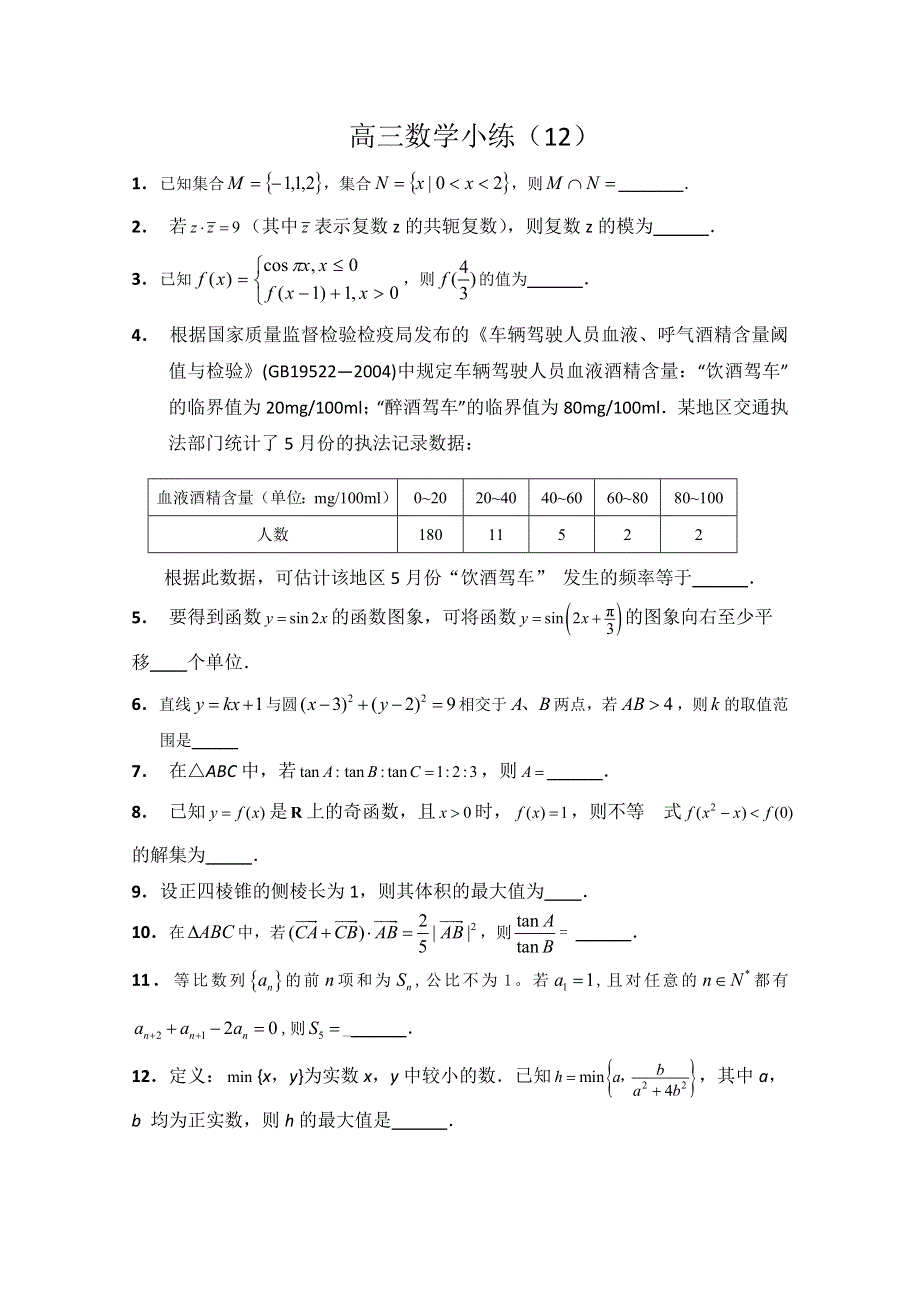 《原创》江苏省2013—2014届高三数学小练习及答案（12）.doc_第1页