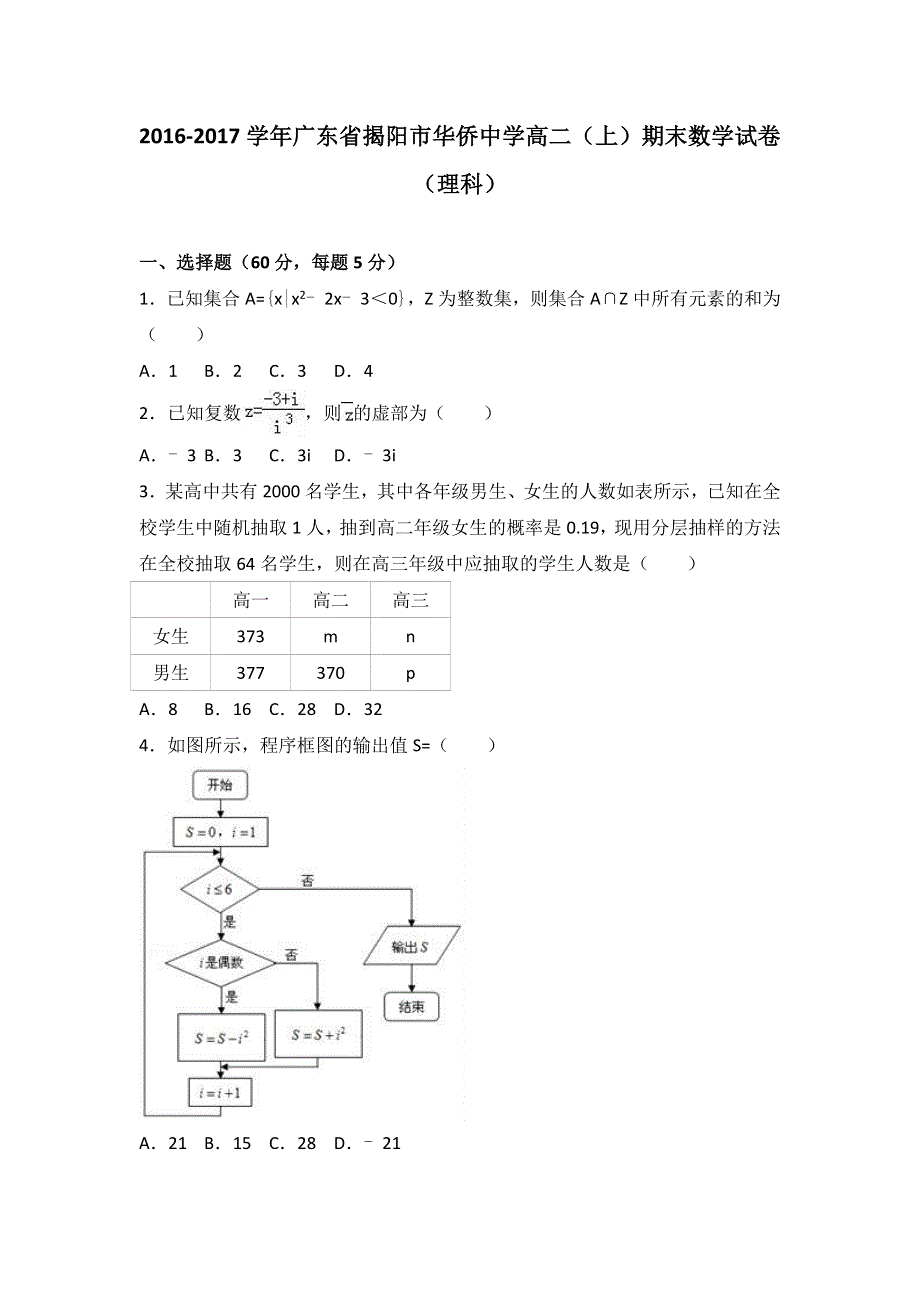 广东省揭阳市华侨中学2016-2017学年高二上学期期末数学试卷（理科） WORD版含解析.doc_第1页