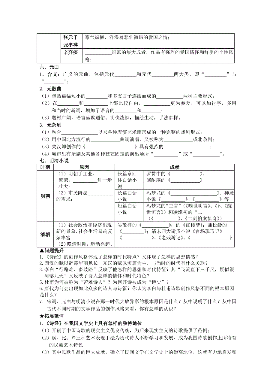 《经典复习》高三历史（人民版）一轮复习学案：中国古典文学的时代特色（必修三）.doc_第2页