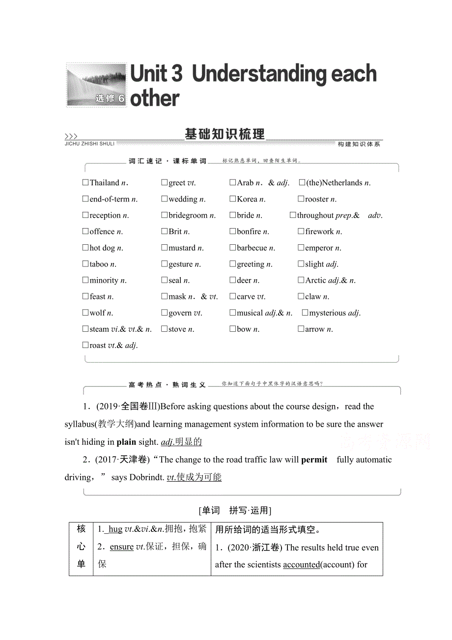 2022届高考统考英语译林版一轮复习教师用书：选修6 UNIT 3 UNDERSTANDING EACH OTHER WORD版含解析.doc_第1页