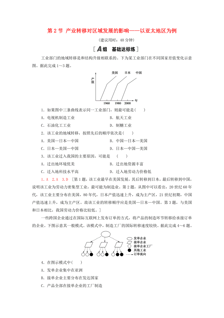 2020-2021学年新教材高中地理 第3单元 区域联系与区域发展 第2节 产业转移对区域发展的影响——以亚太地区为例课时分层作业（含解析）鲁教版选择性必修2.doc_第1页