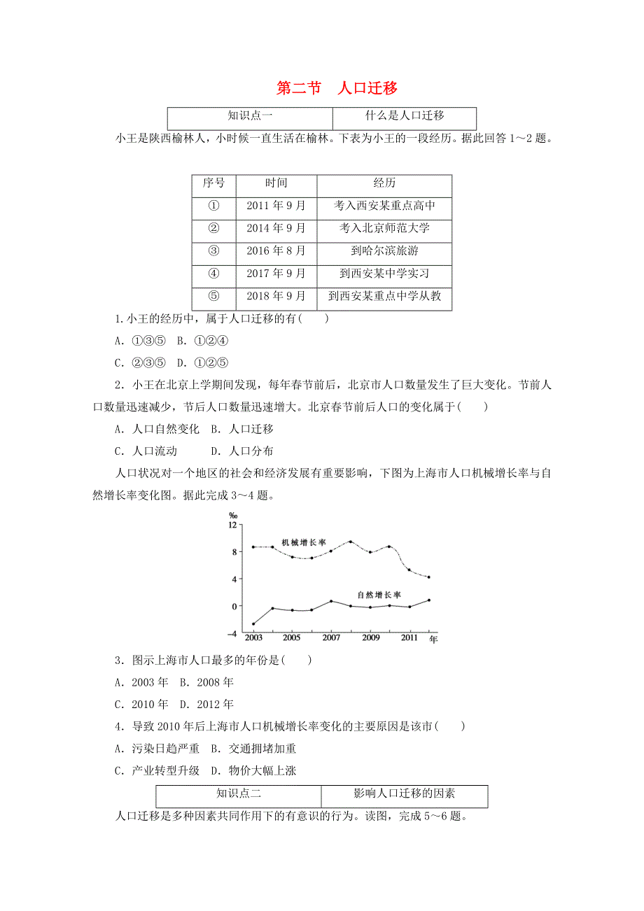 2020-2021学年新教材高中地理 第一章 人口 单第二节 人口迁移课时作业（含解析）新人教版必修2.doc_第1页