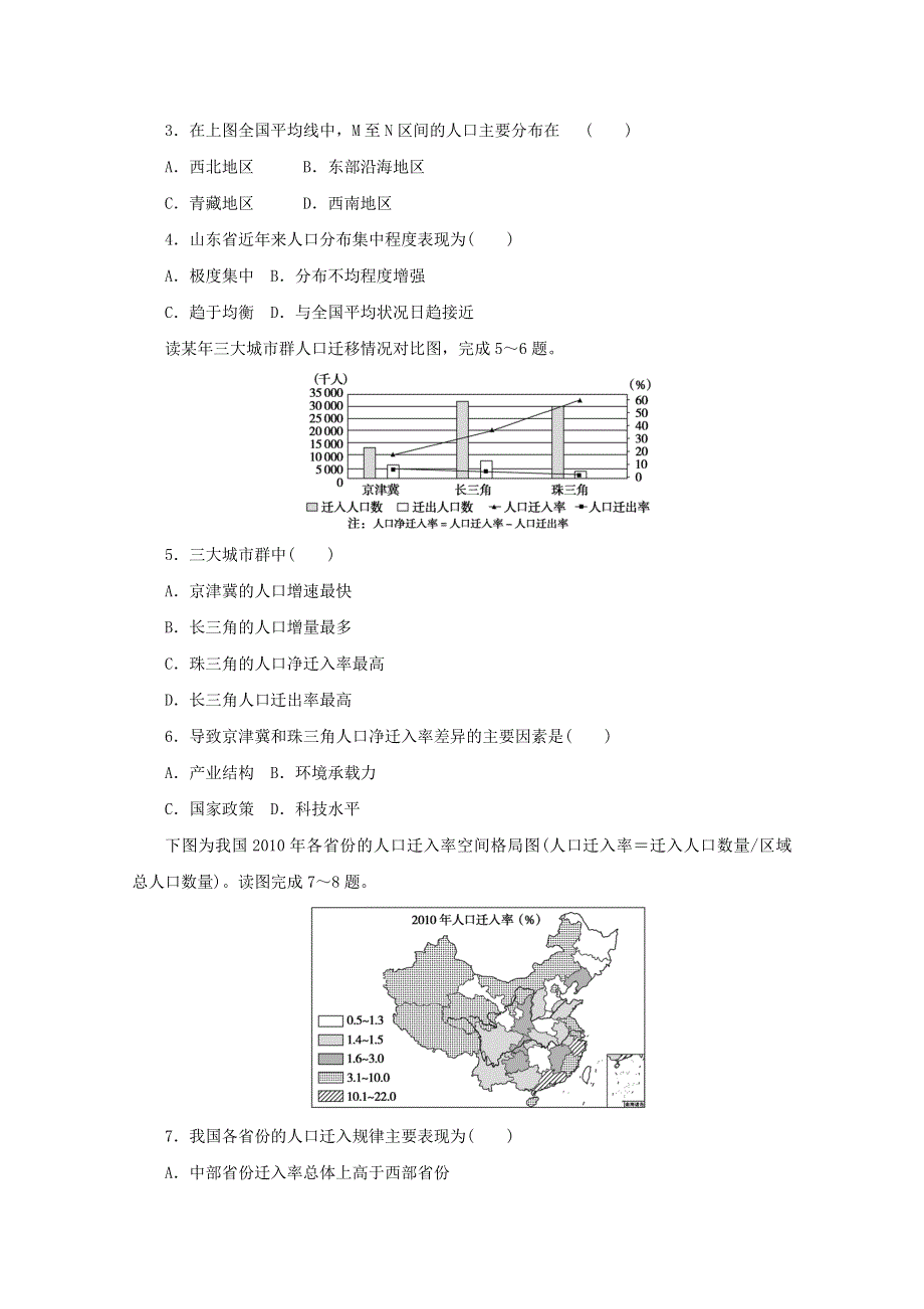 2020-2021学年新教材高中地理 第一章 人口与地理环境 单元检测卷（含解析）湘教版必修2.doc_第2页