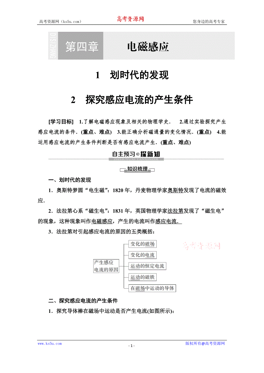 2019-2020学年人教版物理选修3-2讲义：第4章 1 划时代的发现 2 探究感应电流的产生条件 WORD版含答案.doc_第1页