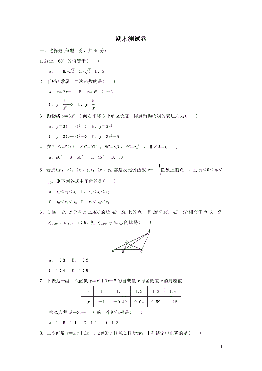 2021年九年级数学上学期期末测试题1（有答案沪科版）.doc_第1页