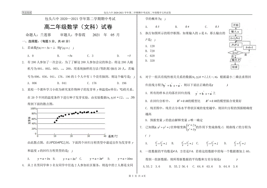 内蒙古包头市第六中学2020-2021学年高二下学期期中考试数学（文）试卷 PDF版含答案.pdf_第1页