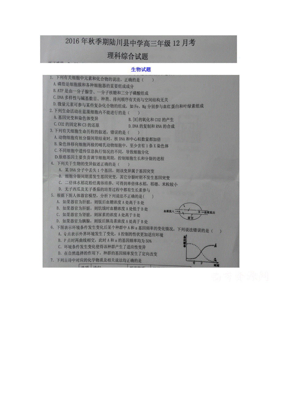 广西陆川县中学2017届高三上学期12月月考理科综合-生物试题 扫描版含答案.doc_第1页