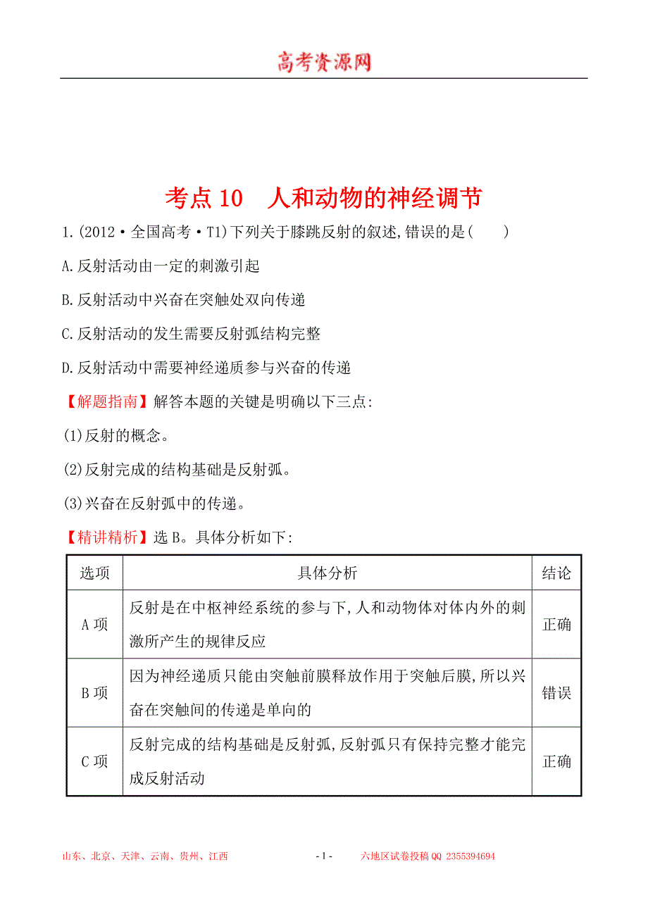 2012年高考生物试题（大纲版）分类汇编10 人和动物的神经调节 WORD版含解析.doc_第1页