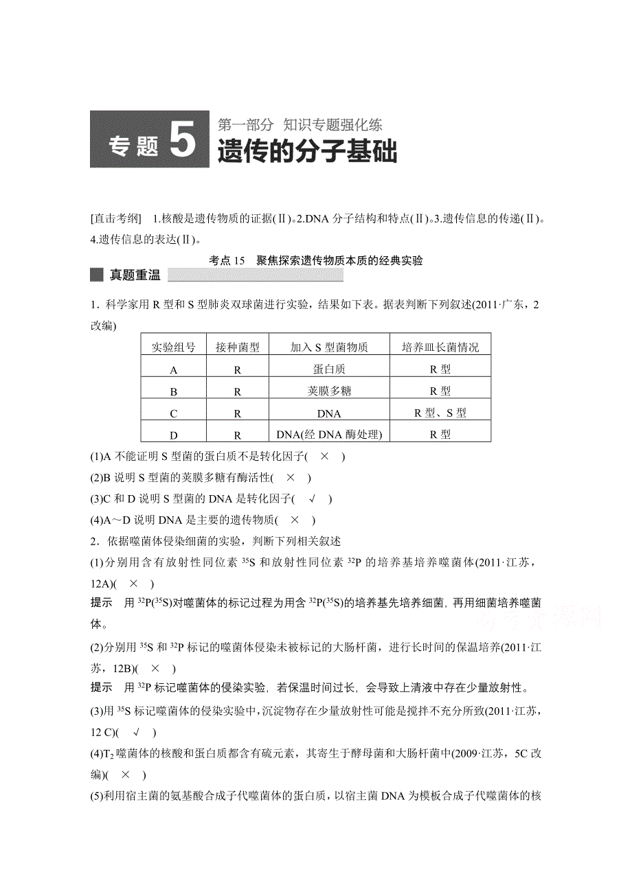 《考前三个月》2015届高考生物（浙江专用）知识专题突破练：专题5 遗传分子的基础.doc_第1页