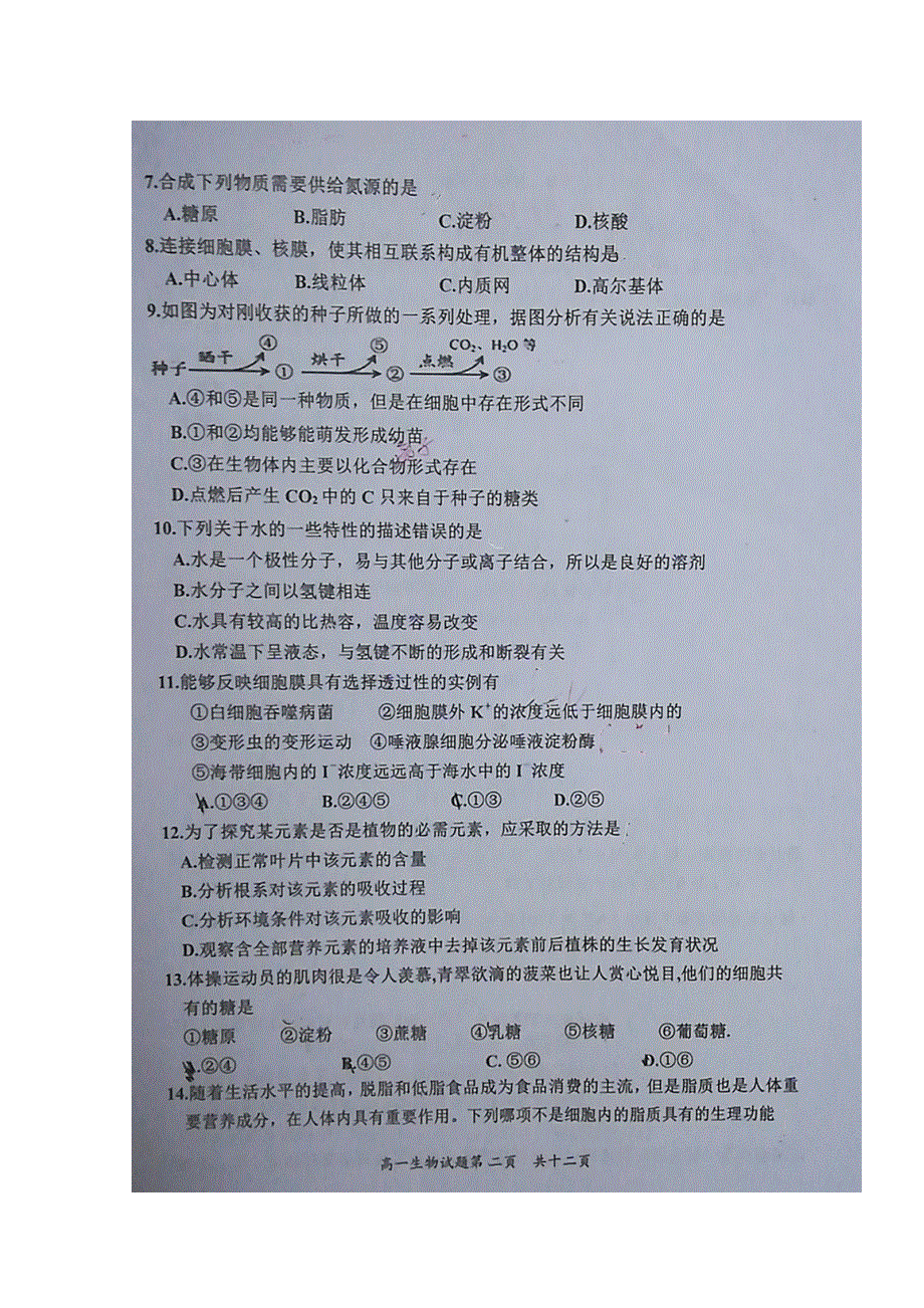 山东省济宁市嘉祥一中2019-2020学年高一生物上学期学分认定考试试题（扫描版）.doc_第2页