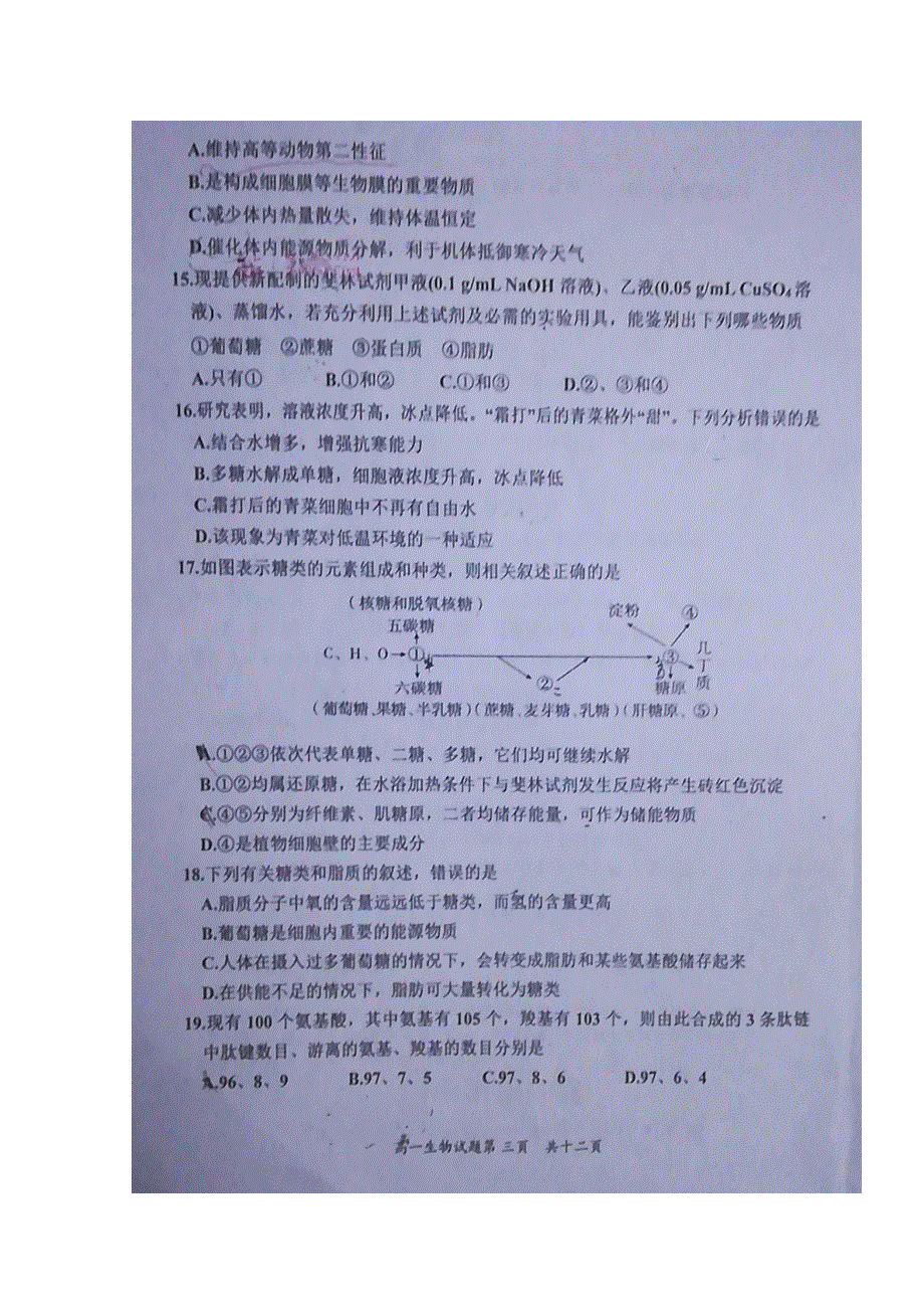 山东省济宁市嘉祥一中2019-2020学年高一生物上学期学分认定考试试题（扫描版）.doc_第3页