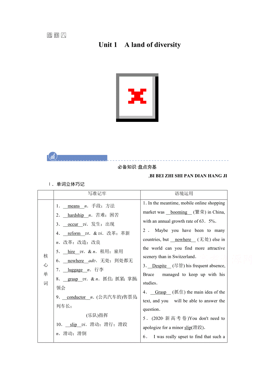 2022届高考英语（人教版）一轮总复习学案：选修八 UNIT 1　A LAND OF DIVERSITY WORD版含解析.doc_第1页