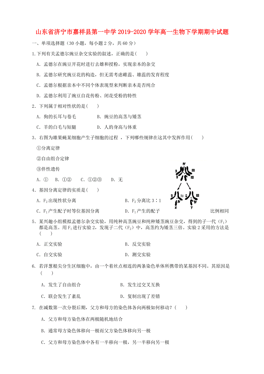 山东省济宁市嘉祥县第一中学2019-2020学年高一生物下学期期中试题.doc_第1页