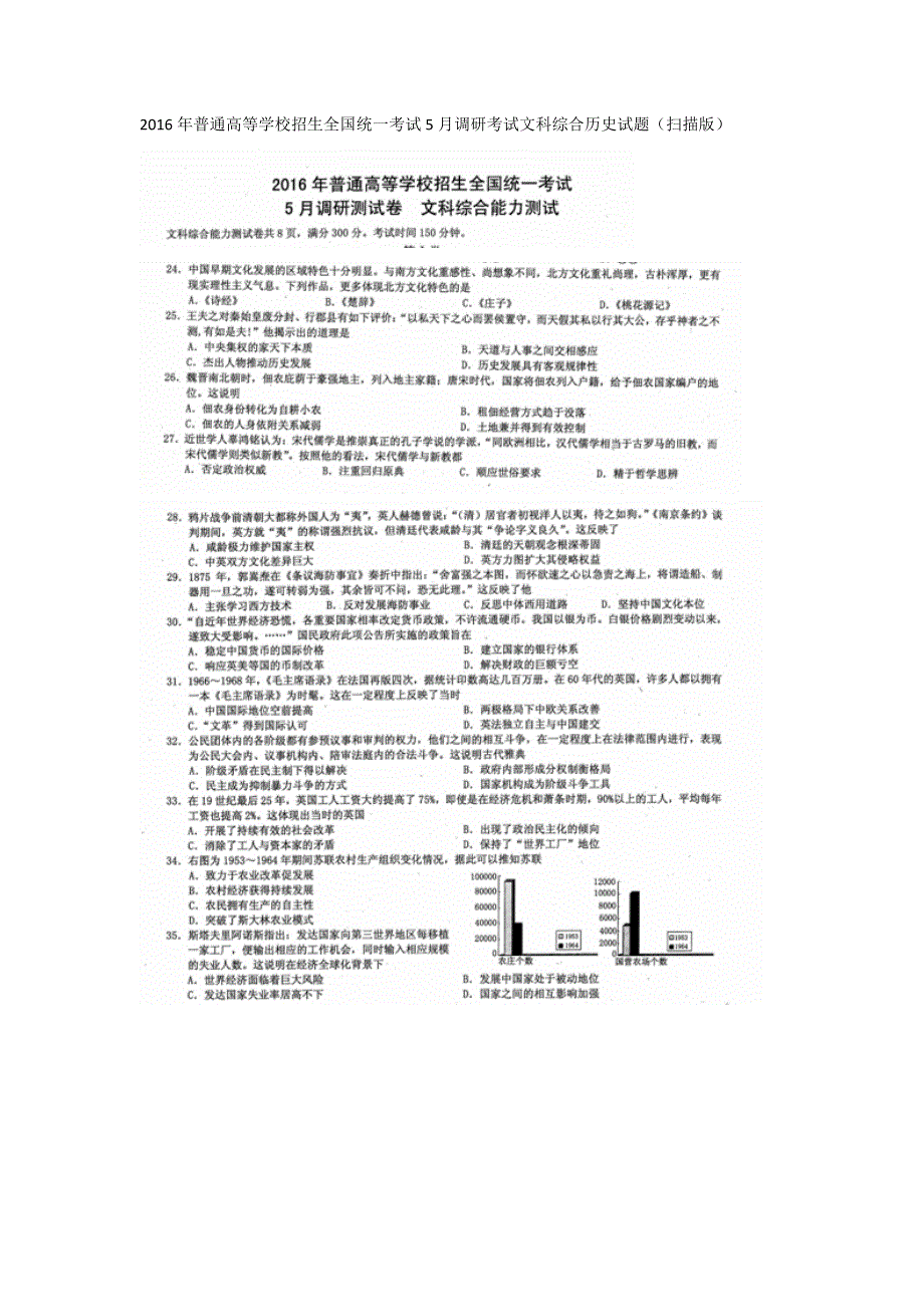 2016年普通高等学校招生全国统一考试5月调研考试文科综合历史试题 扫描版含答案.doc_第1页