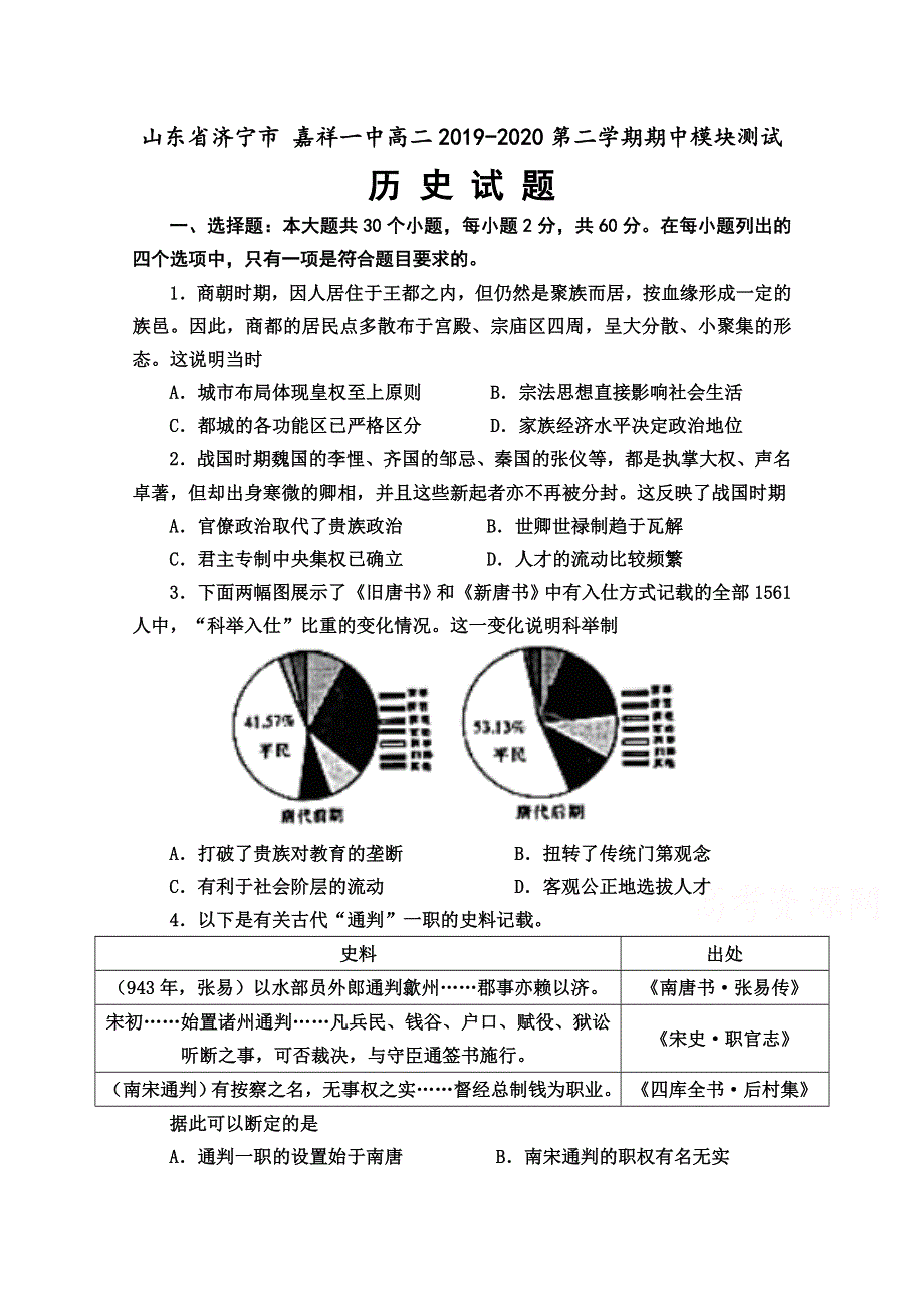 山东省济宁市嘉祥县第一中学2019-2020学年高二下学期期中考试历史试题 WORD版含答案.doc_第1页