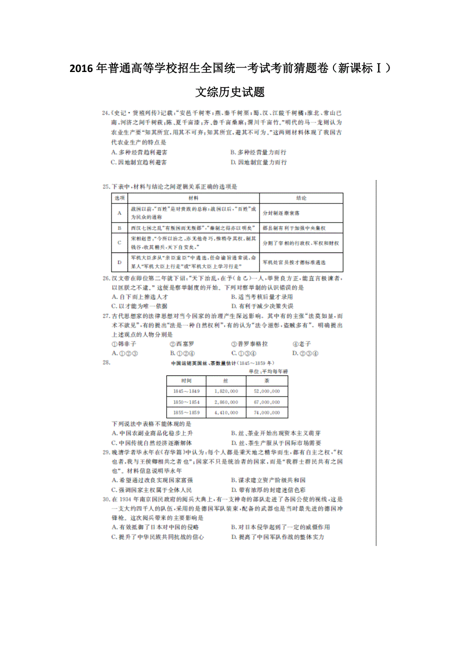 2016年普通高等学校招生全国统一考试考前猜题卷（新课标Ⅰ）文综历史试题 扫描版含解析.doc_第1页