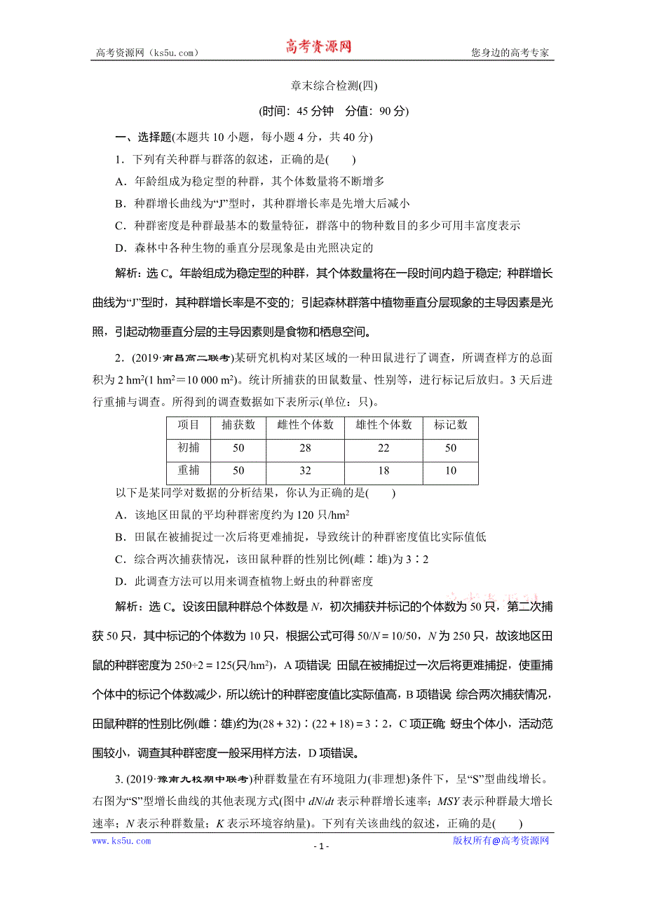 2019-2020学年人教版生物必修三练习：第4章 章末综合检测（四） WORD版含解析.doc_第1页