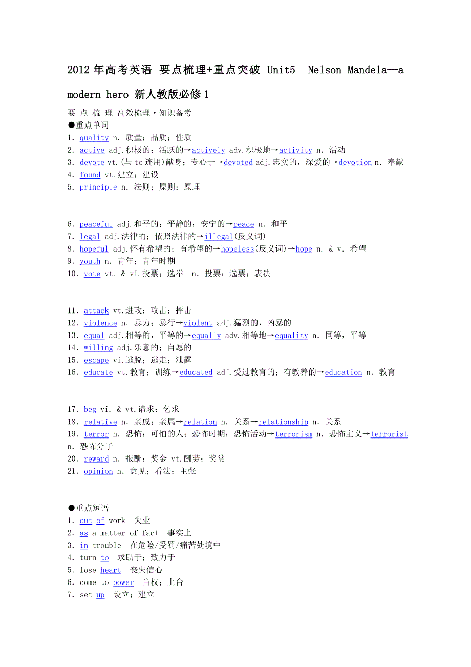 2012年高考英语 要点梳理 重点突破 UNIT5　NELSON MANDELA—A MODERN HERO 新人教版必修1.doc_第1页