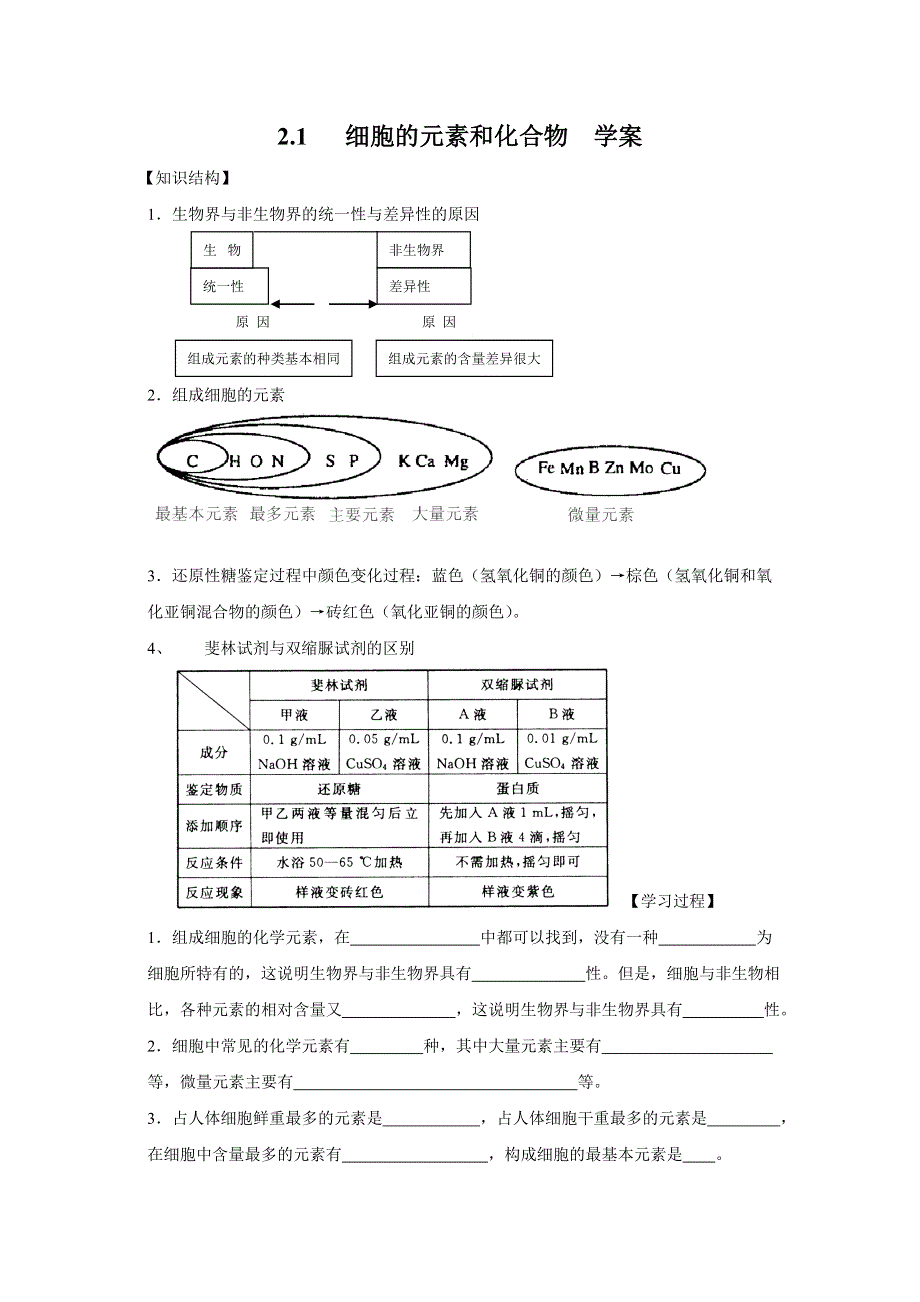 山东省济宁市学而优教育咨询有限公司高中生物必修一：2-1细胞的元素和化合物 学案 WORD版缺答案.doc_第1页