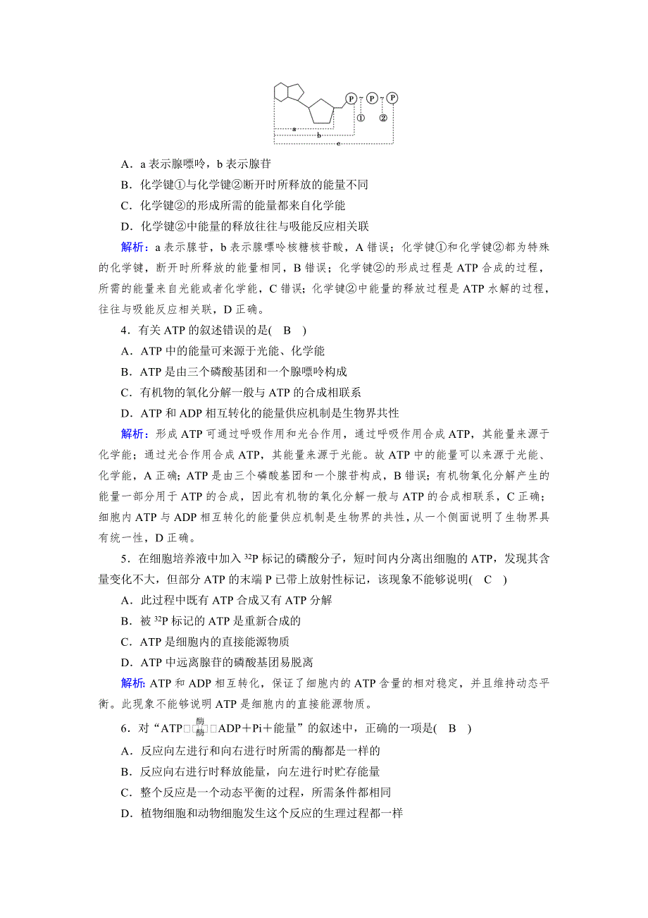 新教材2021-2022学年高一生物人教版（2019）必修1作业：第5章 第2节 细胞的能量“货币”ATP WORD版含解析.doc_第2页