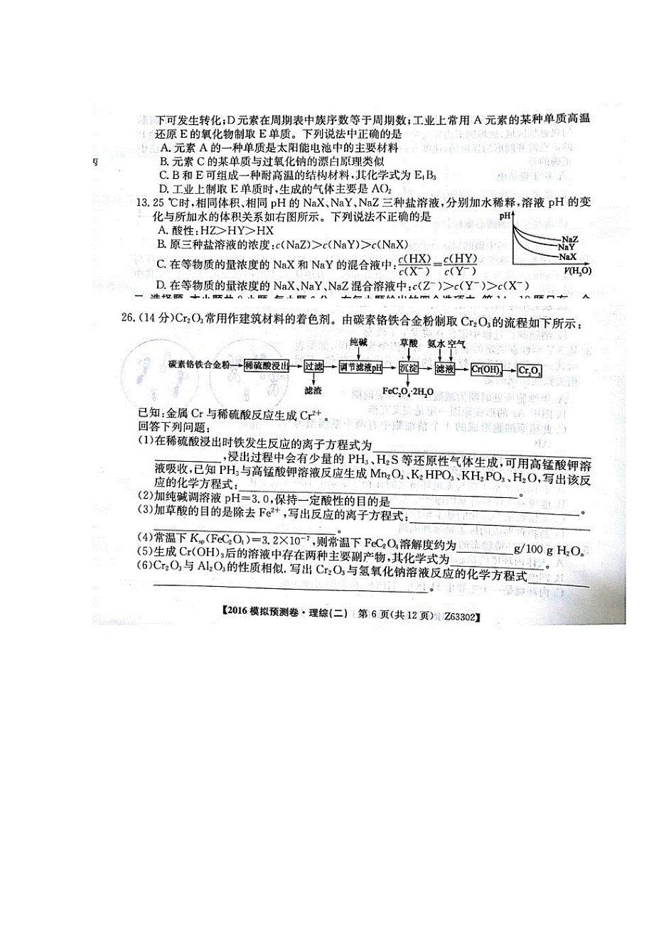 2016年全国高考I卷仿真模拟预测（二）理综化学试题 扫描版含解析.doc_第2页