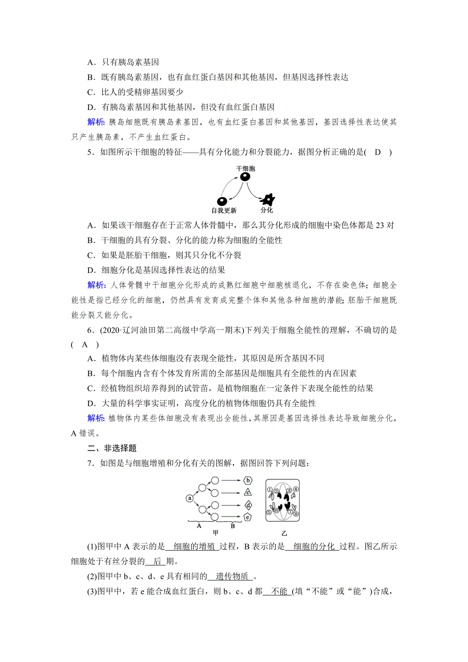 新教材2021-2022学年高一生物人教版（2019）必修1作业：第6章 第2节 细胞的分化 WORD版含解析.doc_第2页