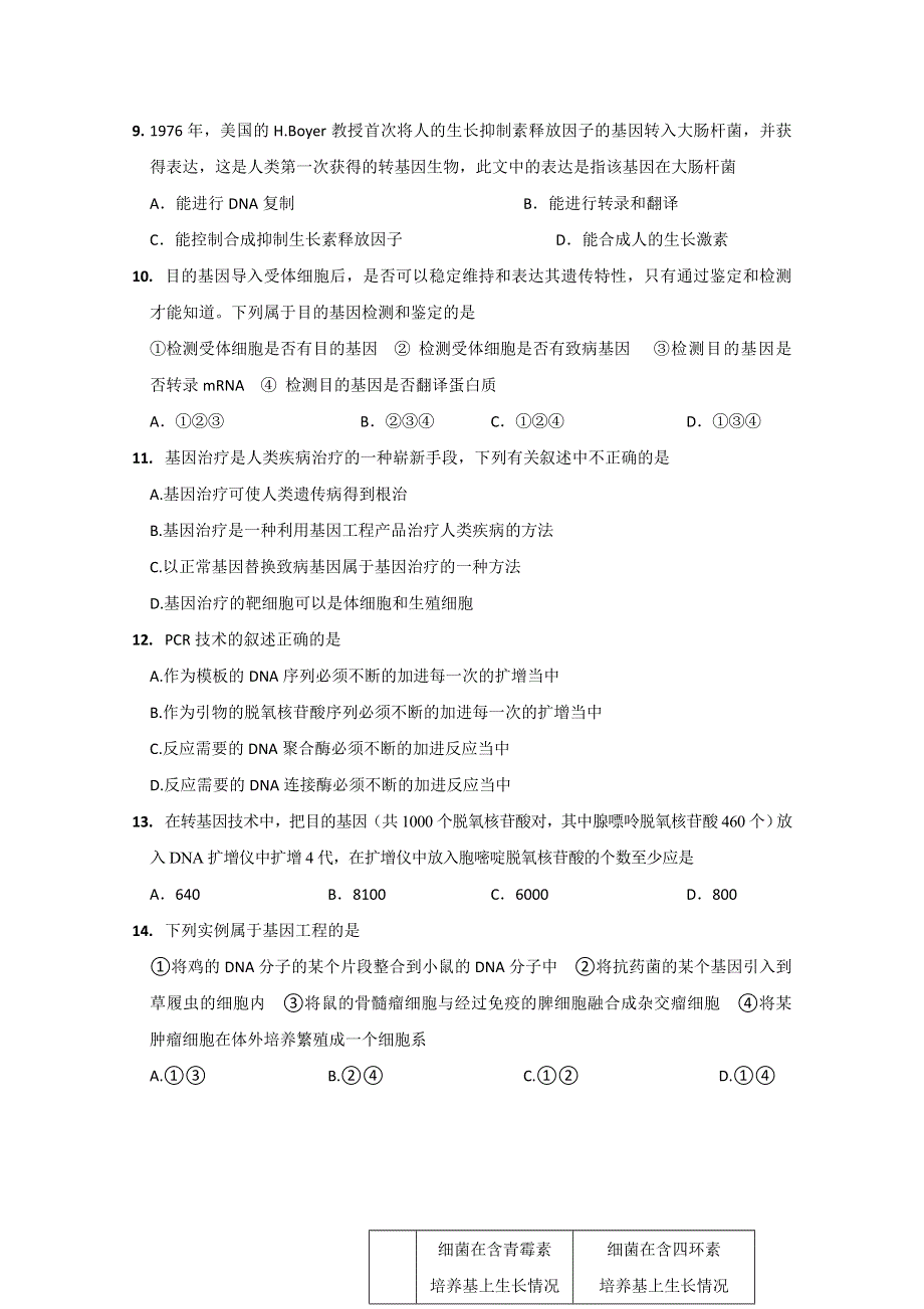 北京市万寿寺中学2012届高三生物第一章《基因工程》检测试题 缺答案.doc_第2页