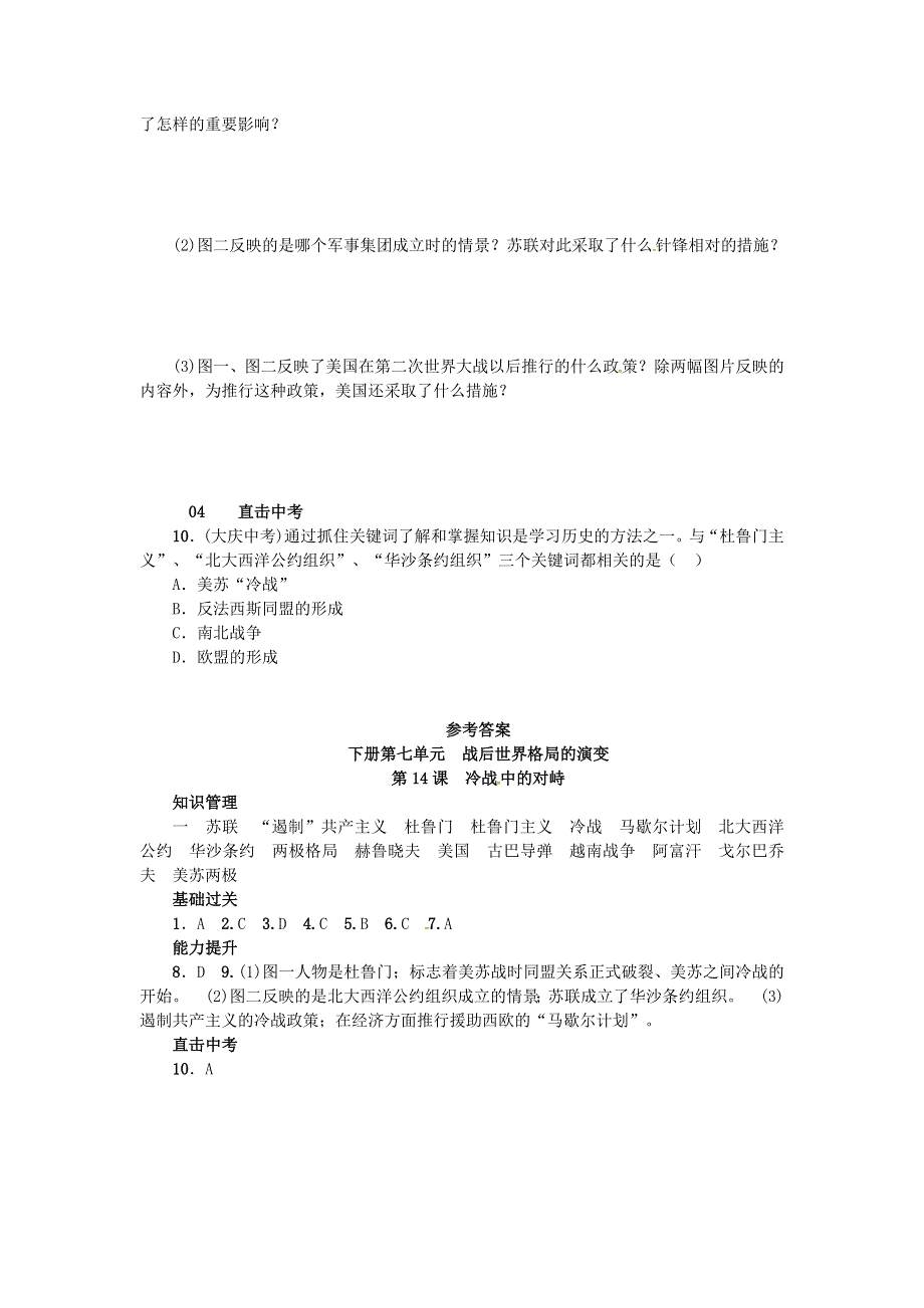 2021年九年级历史下册 第14课 冷战中的对峙课时练习 新人教版.doc_第3页